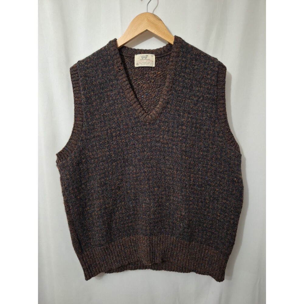 VTG Lord Jeff 100% Wool Knit Scottish Tweed V-neck Sweater Vest XL Made in USA